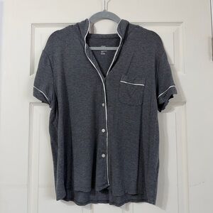 stars above Charcoal Gray Short-Sleeve Hooded Button Pajama Top with White Trim